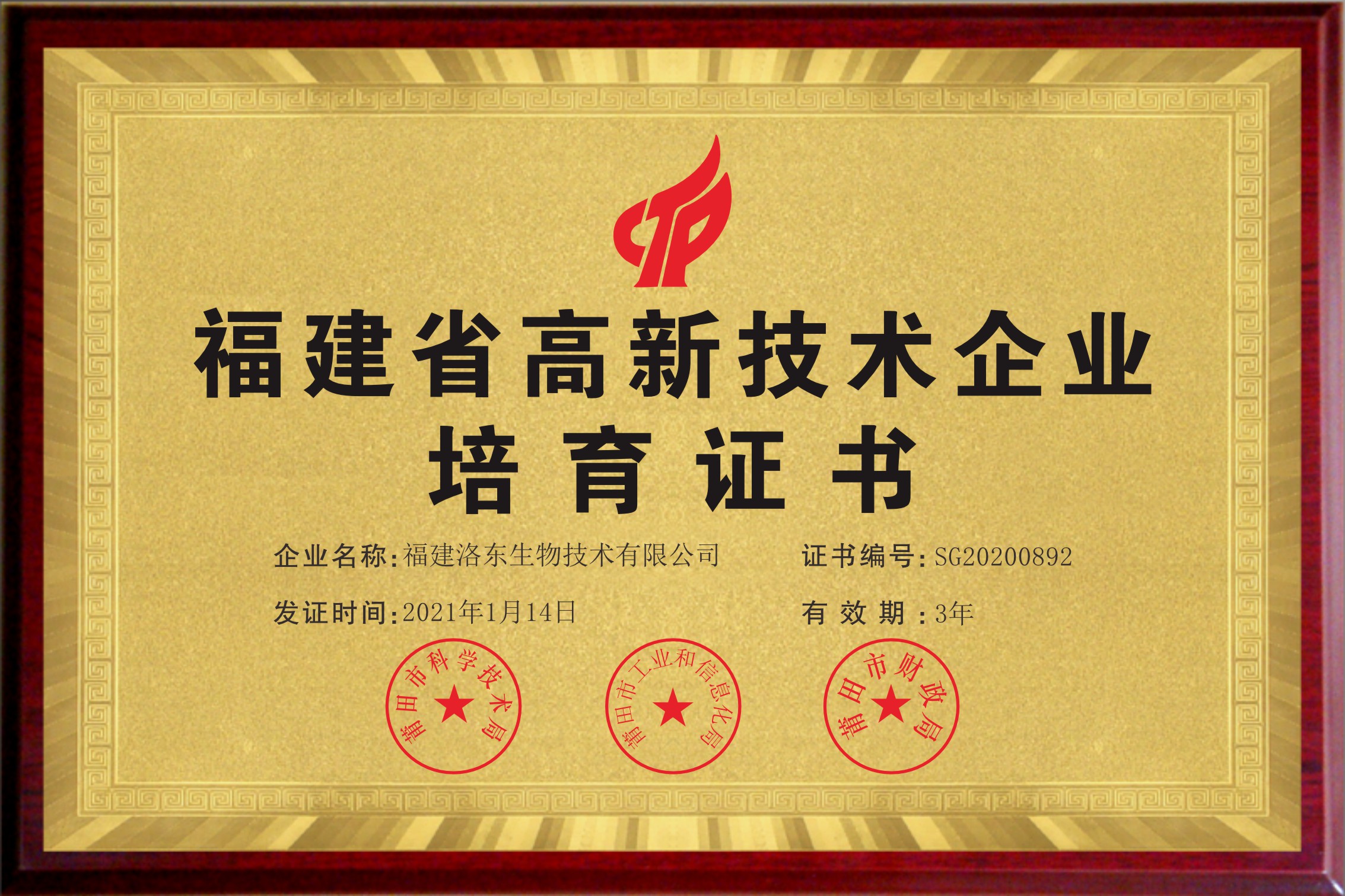高新技术企业培育证书